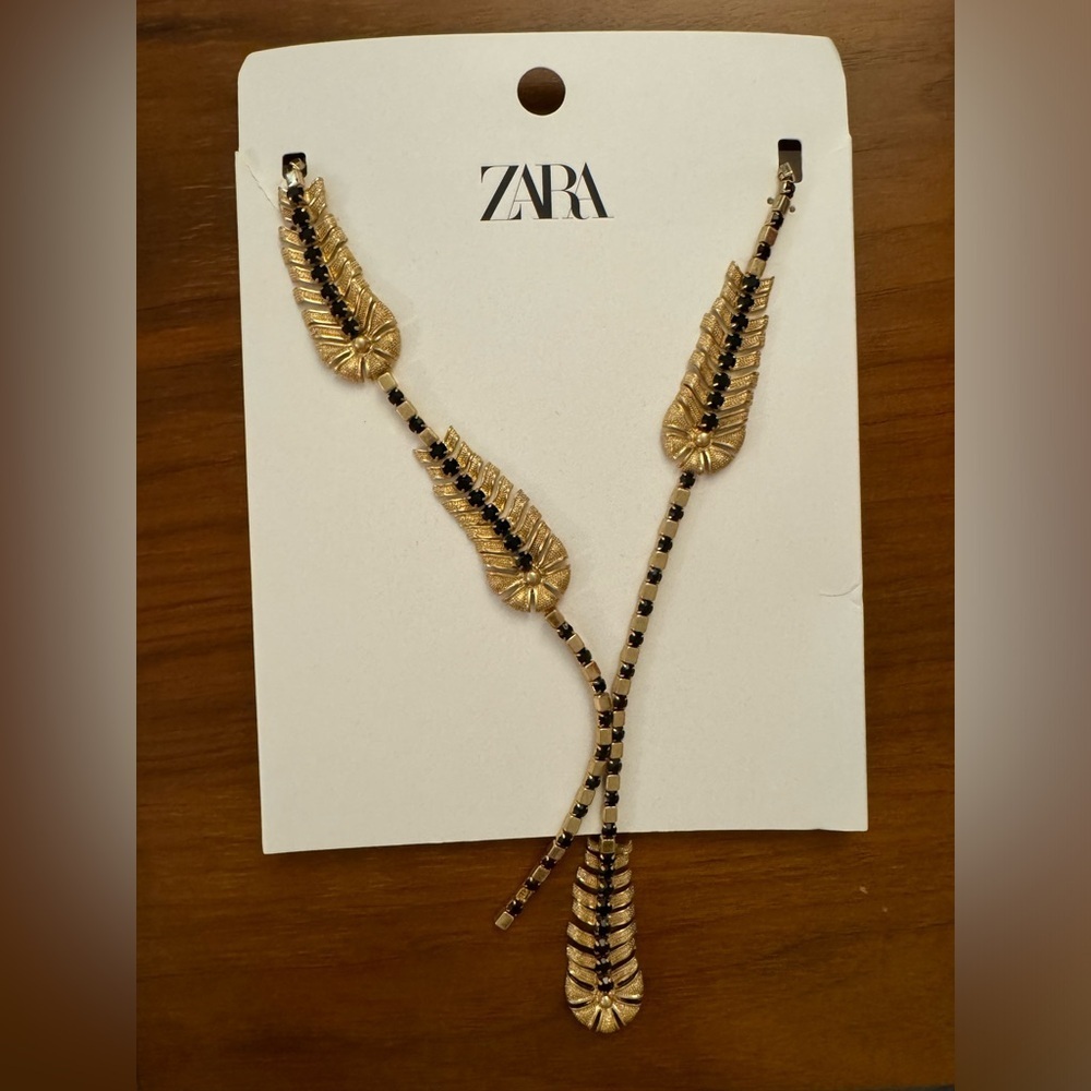 Brand New Zara Chrome and Feather Rhinestone Gold Necklace - Picture 2 of 5